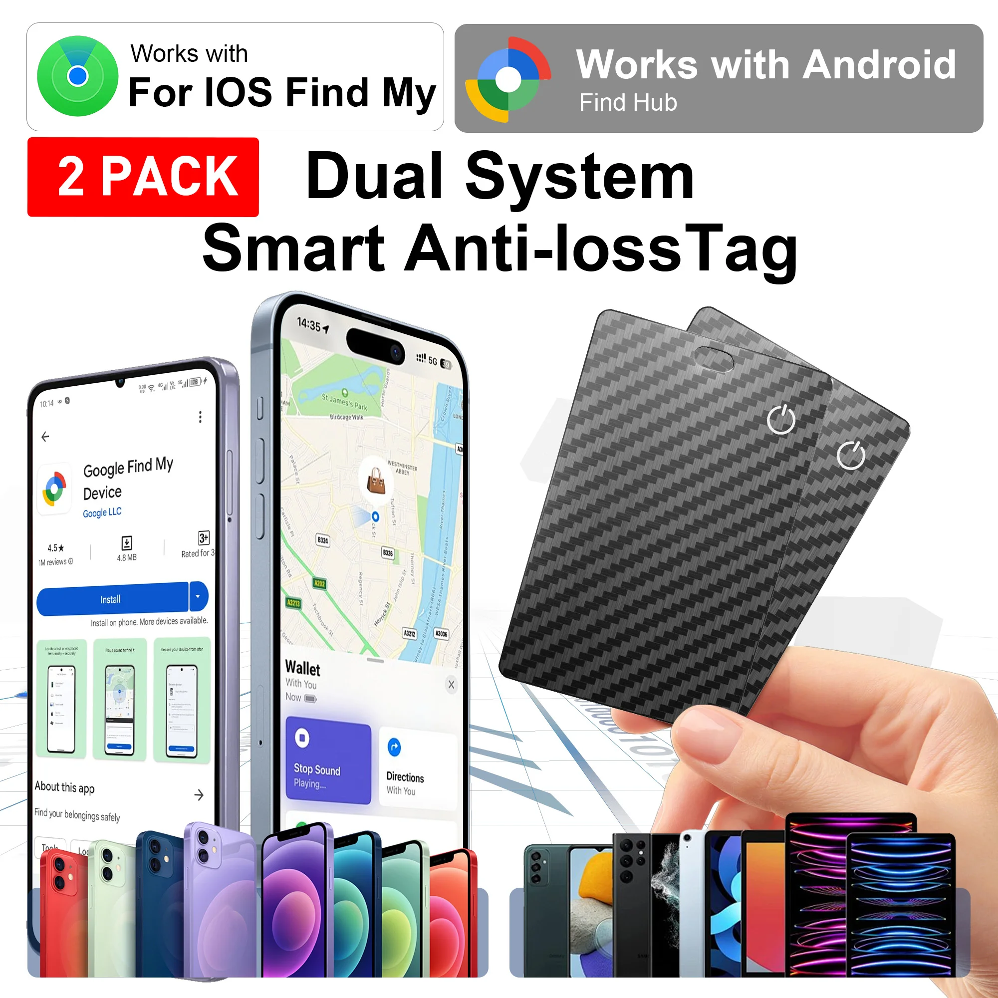 1/2-Pack Dual-System Bluetooth Smart Anti-Lost Card Wireless Charging Compatible for Android iOS Positioning Card