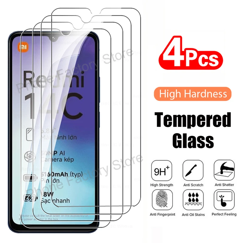 Pelindung layar kaca Tempered, 4PCS untuk Xiaomi Redmi 14C 14 C HD jernih Premium pelindung layar untuk Redmi 14C Film kaca