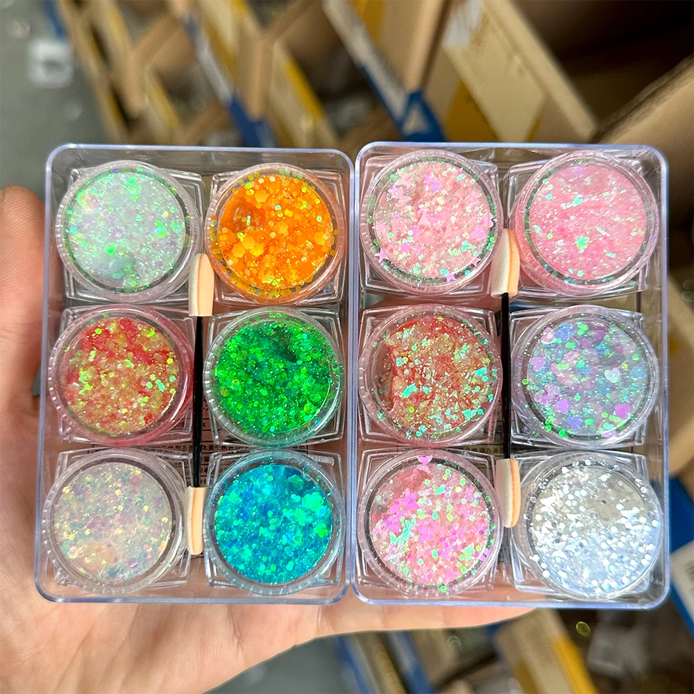 6 caja/set camaleón lentejuelas sombra de ojos brillo Gel corazón estrella Luna en forma de brillo grueso Navidad maquillaje cuerpo sombra de ojos Decorati