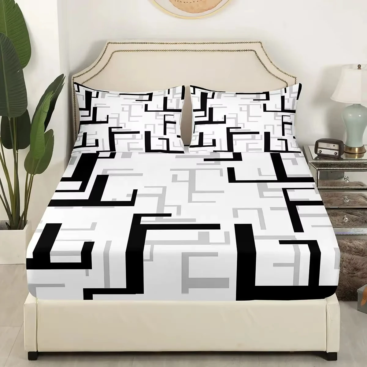 Modern Abstract Geometric Fitted Sheet Full Twin Size, Geometry Grid Checkered Lines Sheet Set for Girls Teens Bedroom Decor