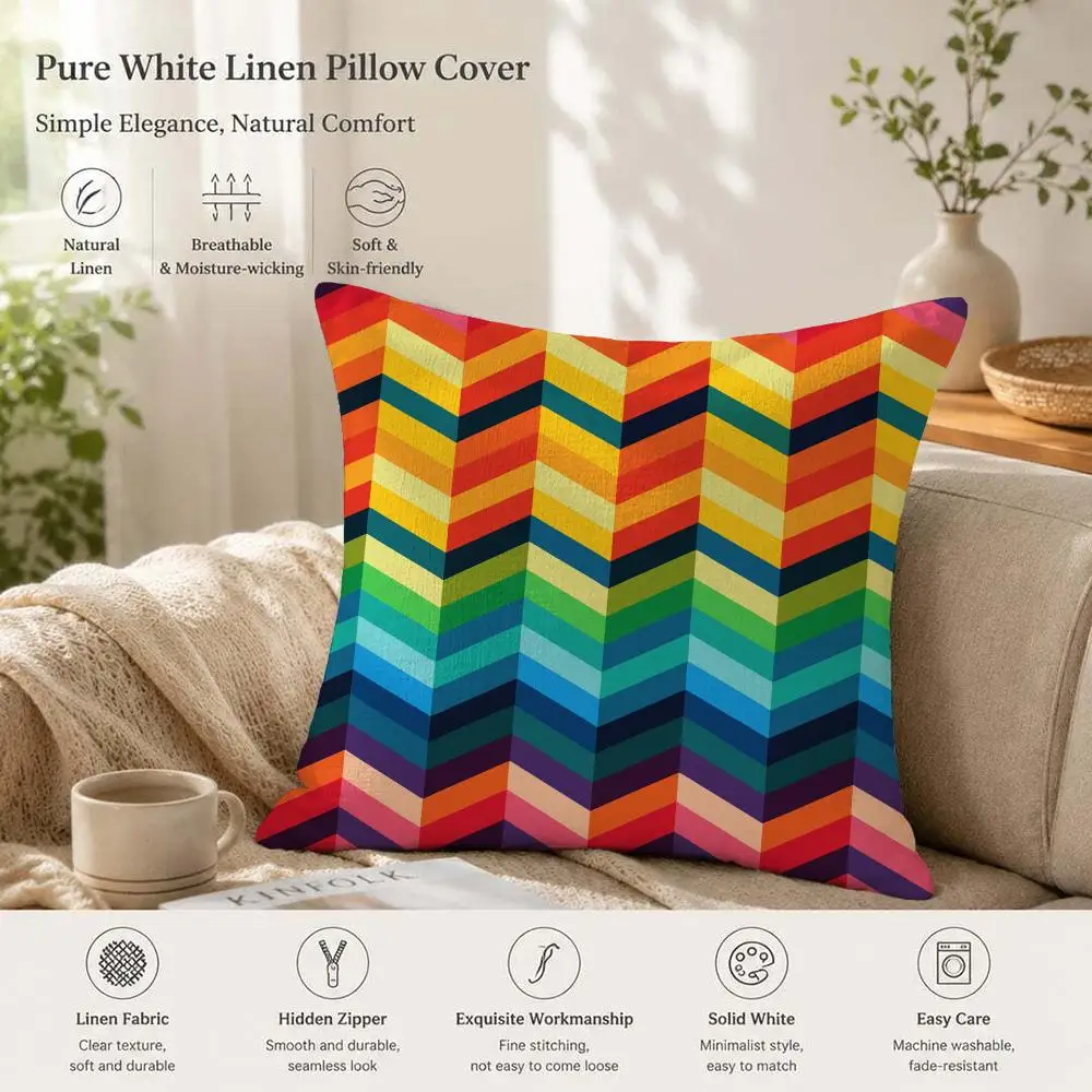 Rainbow Geometric Color Splicing Cushion Cover Natural Linen Pillow Case Organic Fabric Double Sided Print Sofa Home Decor Gift