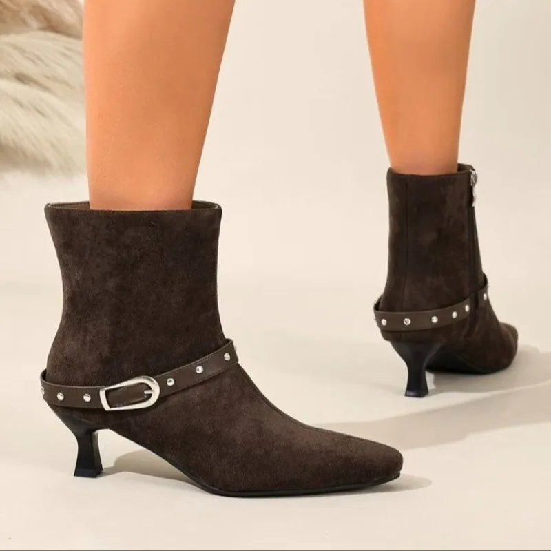 Fall/Winter New Pointed Toe Side Zipper Metal Buckle Stiletto Fashion Thin Velvet Temperament Pile Booties