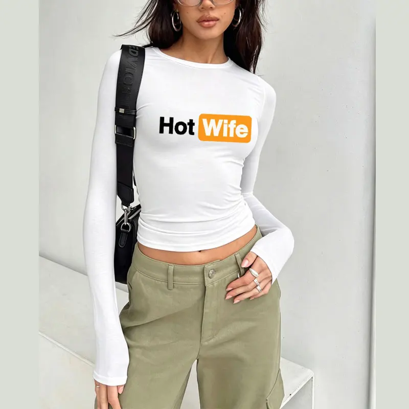 HOT WIFE Funny Letters Print Spring Autumn Women T-Shirt Causal Long Sleeve Crop Tops O Neck Pullovers Tees Slim Fit T Shirt