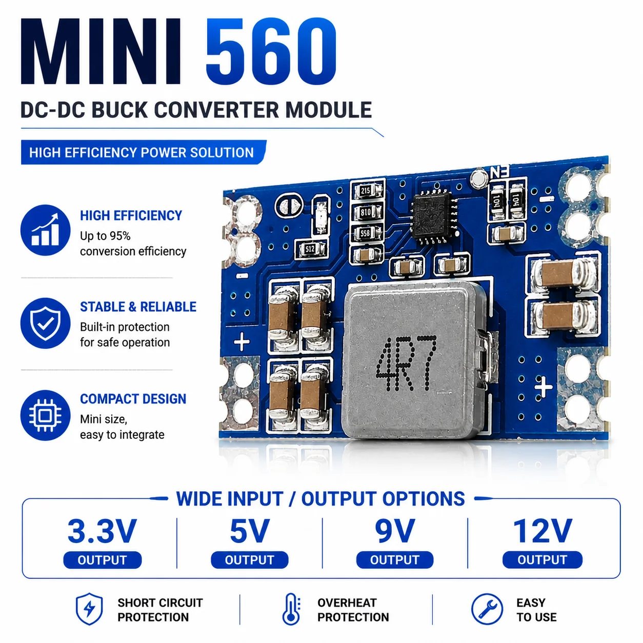 High Efficiency Output 3.3V 5V 9V 12V 5A Mini560 Step Down DC-DC Converter Voltage Regulator Buck Stabilized Power Supply Module