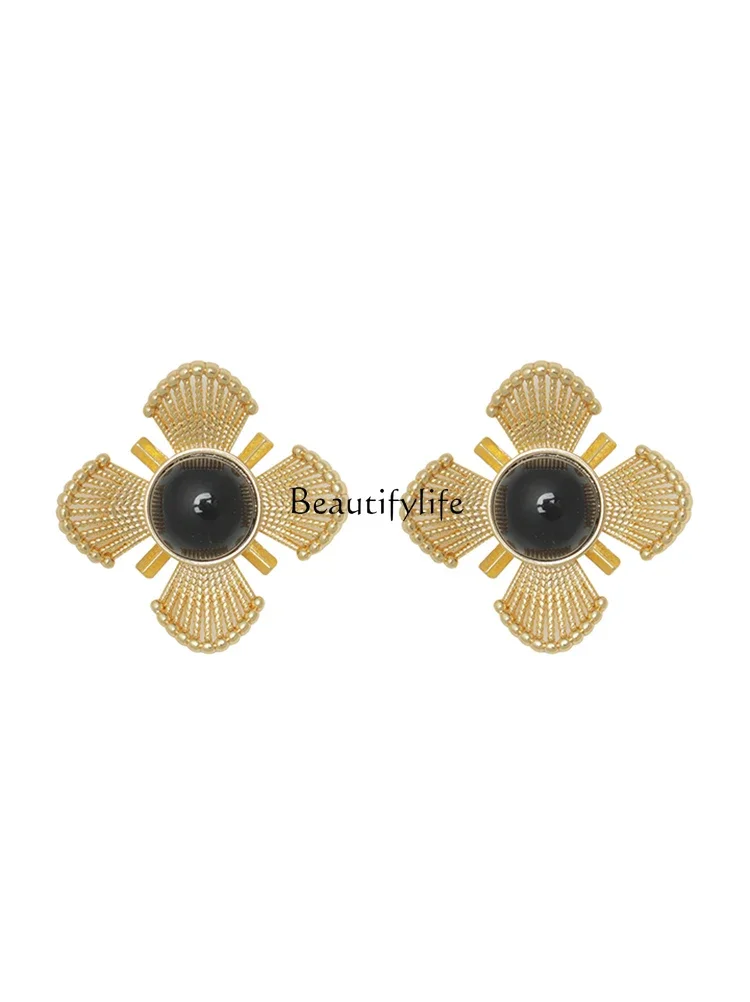 

S925 Silver Needle Niche Medieval Heavy Industry Black Sand Hollow Flower Stud Earrings