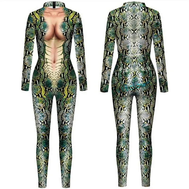 الأخضر الأفعى طباعة ثوب بودي كون مثير المرأة رومبير ارتداءها للحزب اللياقة البدنية الزي تأثيري حلي الإناث قطعة واحدة البدلة