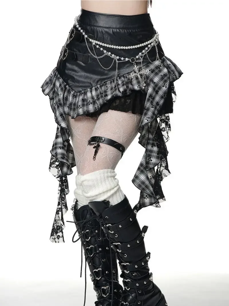 

Retro Harajuku Gothic Style Leather Splicing Short Skirt for Women Y2K Lace Hem Mini Pleated Skirt Autumn Street Cool Girl