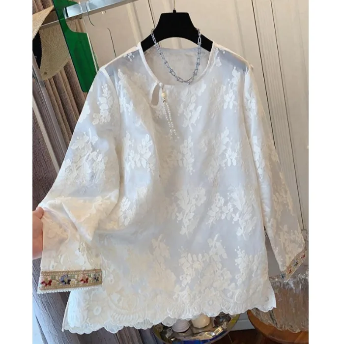 

Женский свободный крой из кружева и шелка с вышивкой, весенне-осенний топ, элитный модный брендовый китайский топ