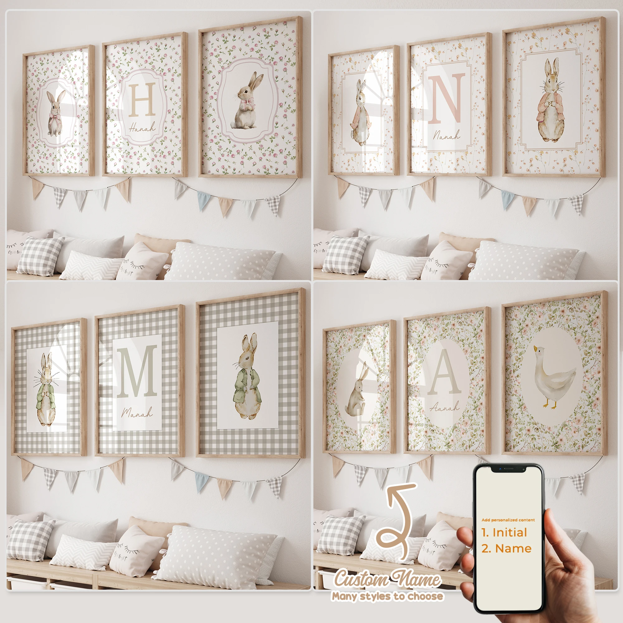 3 Stück personalisierte benutzerdefinierte Cartoon-Kaninchen-Wandkunstdrucke mit Namen, Leinwand-Poster, Gemälde für Wohnzimmer, Heimdekoration