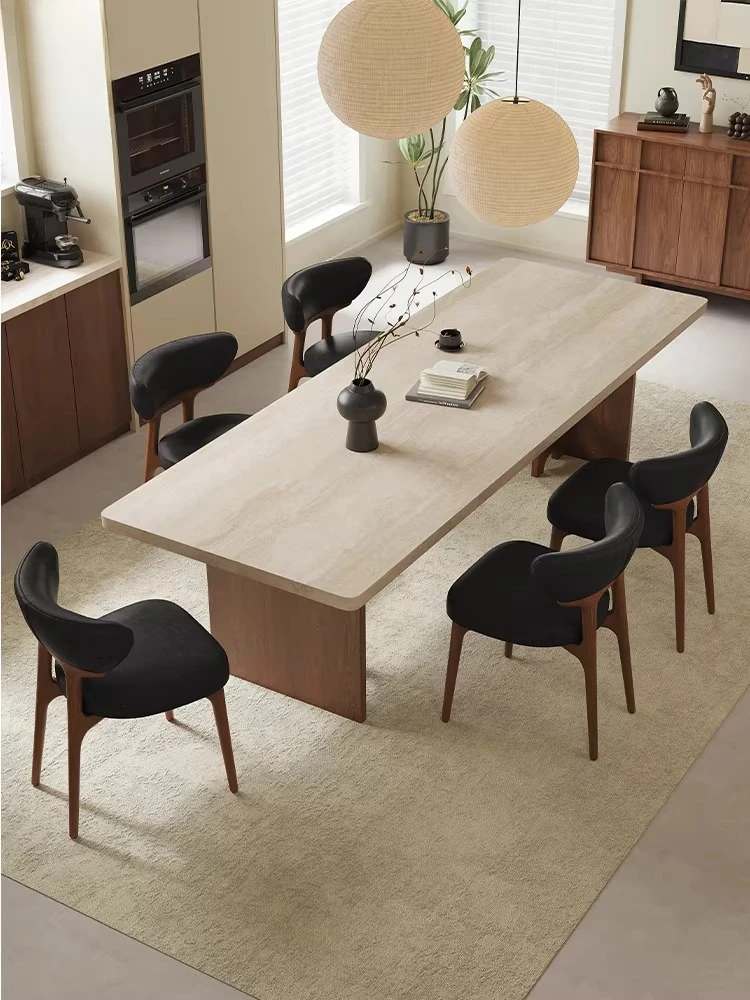 Medieval solid wood travertine rock slab dining table and chair combination household small apartment rectangular hanging dining