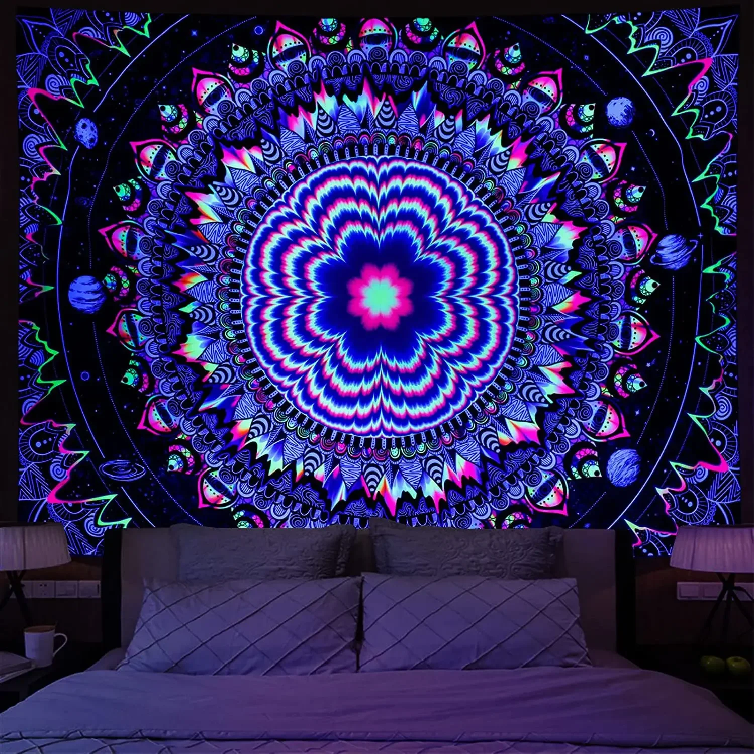 Tapiz floreciente de Mandala independiente con luz negra psicodélica, tapices reactivos UV de Buda, tapiz Hippie colgante de pared, decoración de habitación