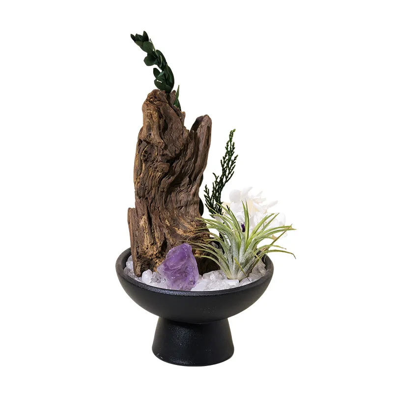 Natural Amethyst Rough Stone Ornament With Ebony Wood Layout, Mini Landscape Dry Skeleton Wood Reed Diffuser Decor