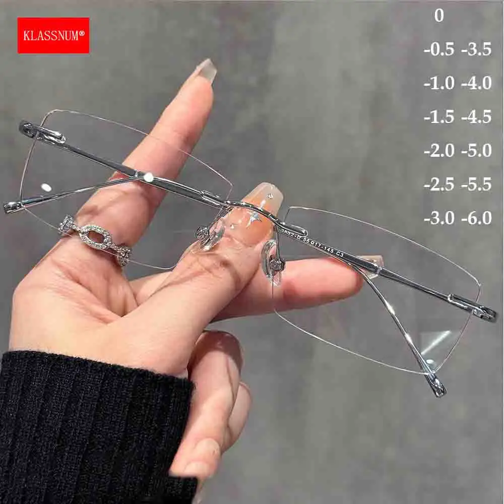 KLASSNUM Women Men Rimless Myopia Glasses Anti-blue Light Metal Frame Spectacles Diopter Minus 0-1.0-1.5-2.0-2.5-3.0-3.5-4.0-6.0