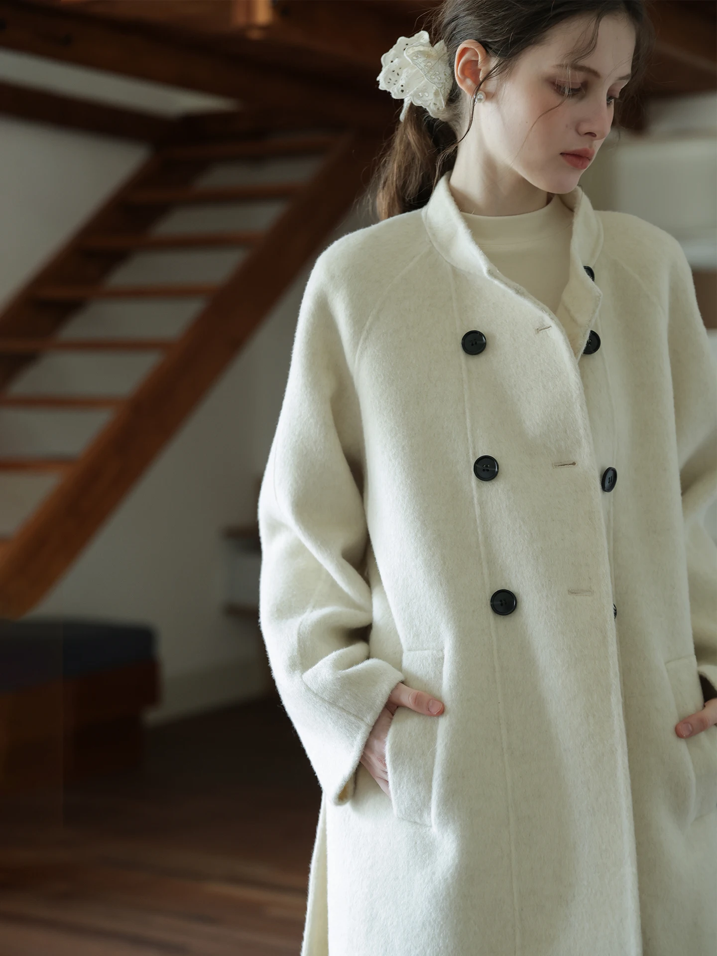 

00% Wool Double-Faced Camere Coat Women's Winter New Sle Loose Fit Stand Collar Outerwear Ele Commute Warm High Waist