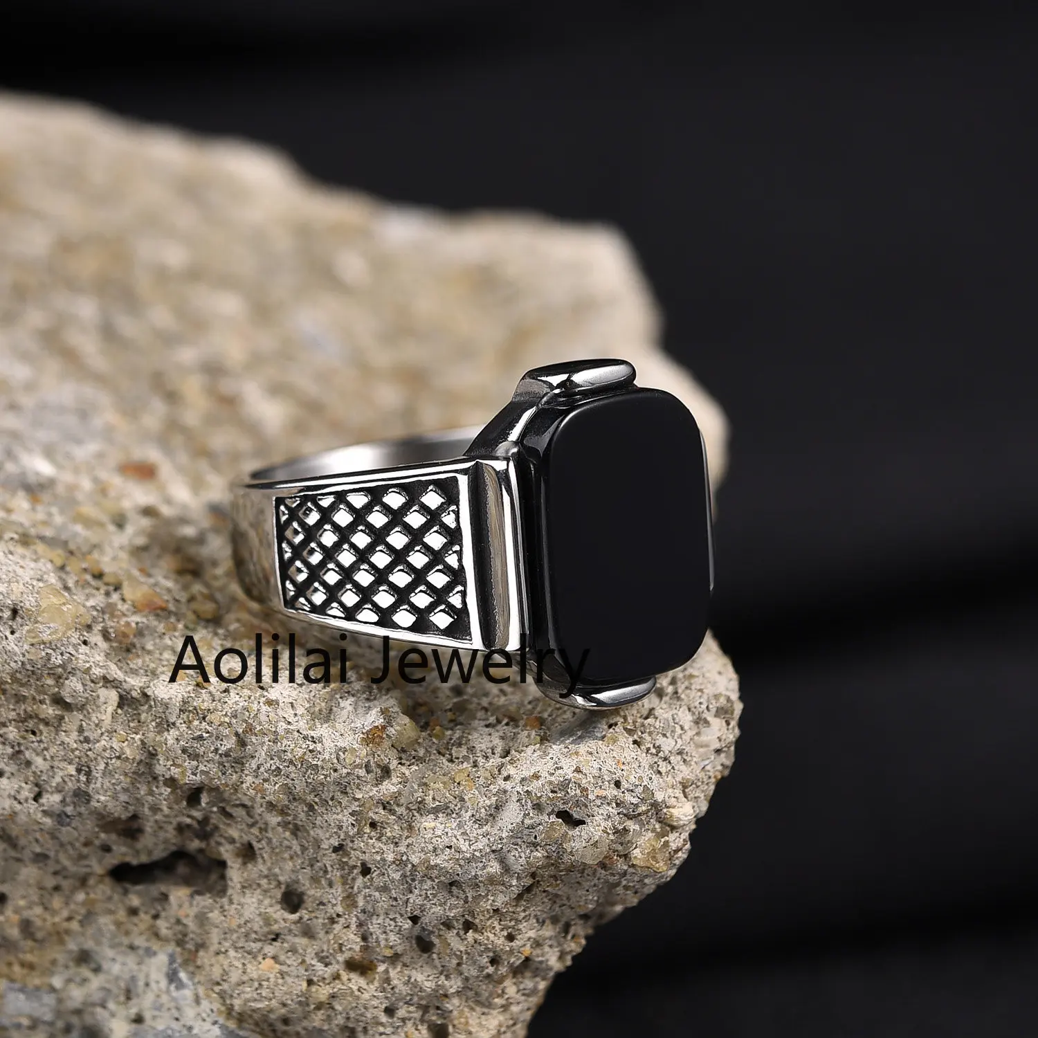 Men's High Quality Stainless Steel Onyx Gemstone Ring