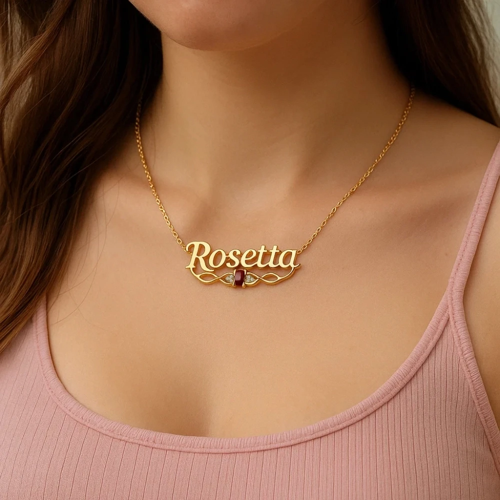 Personalized Custom Name Necklace Gold Plated with Birthstone Cubic Zirconia Script Font Nameplate Pendant Jewelry for Women
