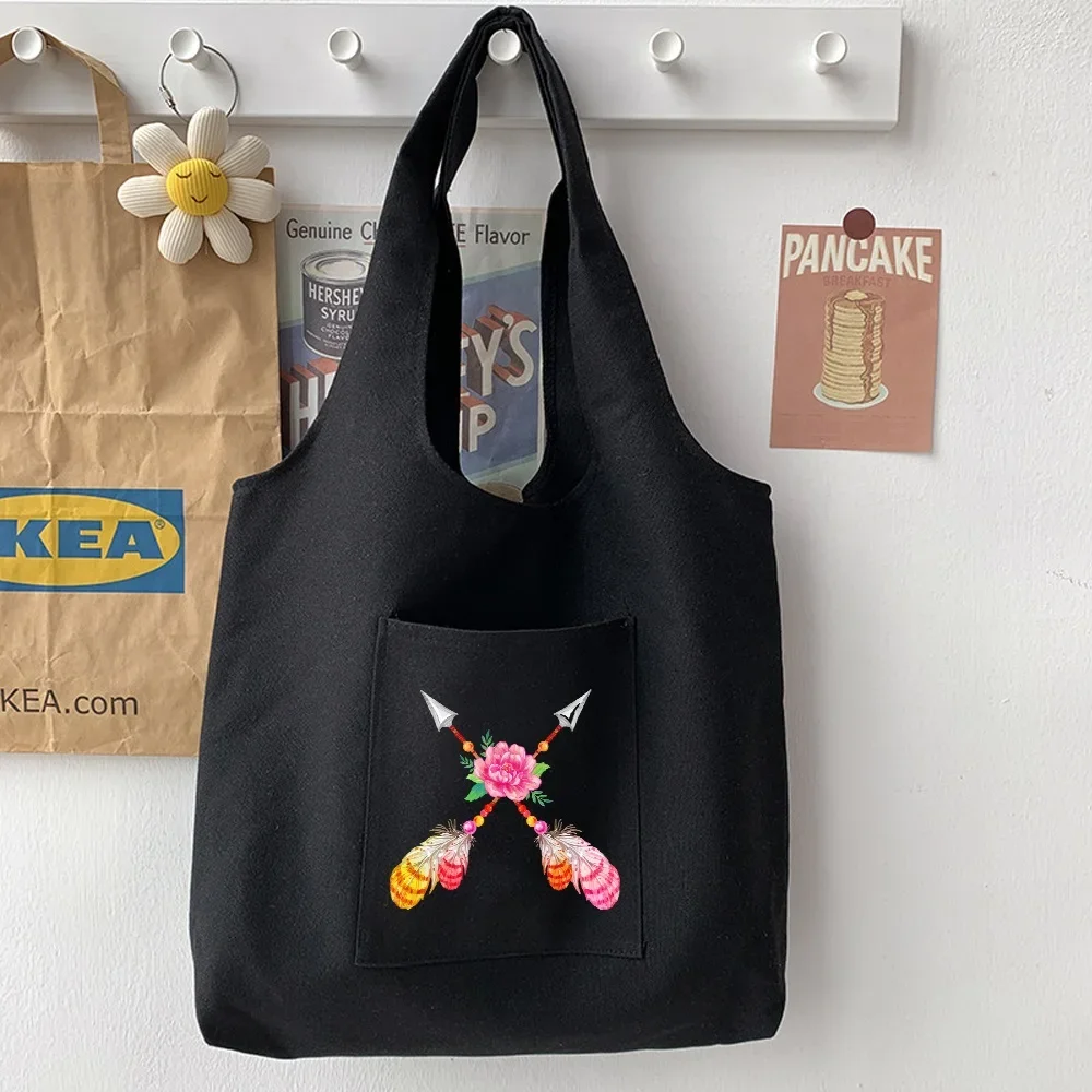 Cartoon Simple Black Shoulder Bag Woman Bag Handbag Casual Color Feather Pattern Printing Large Capacity Tote Bag Soft Commuter