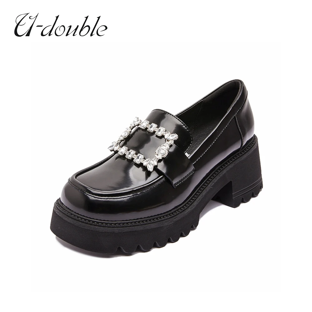 U-DOUBLE Brand Women Genuine Leather Pumps Loafers Shoes Platform Slip-On Square Buckle Shiny Thick Sole Sweet College Student