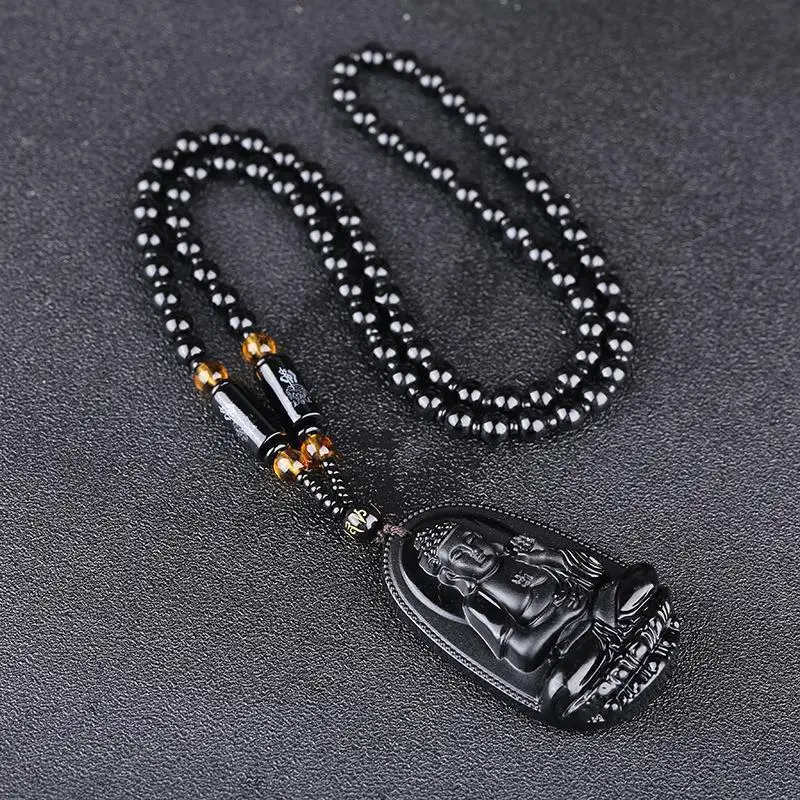 Black Obsidian  Pendant Carved Design Beaded Chain Daily Wear Lucky Gift For Men Women