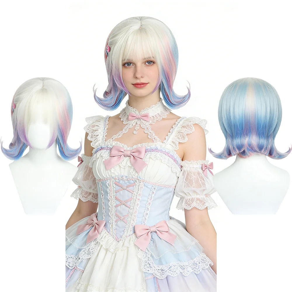 

Enid Sinclair Cosplay Wig Short Wavy Pastel Pink Blue Ombre With Bangs Heat Resistant Synthetic Hair For Women Party Daily Wear