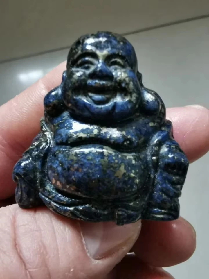

44.0g NATURAL LAPIS LAZULI GOLD BLUE RARE HAND MADE LAUGHING BUDDHA CARVING