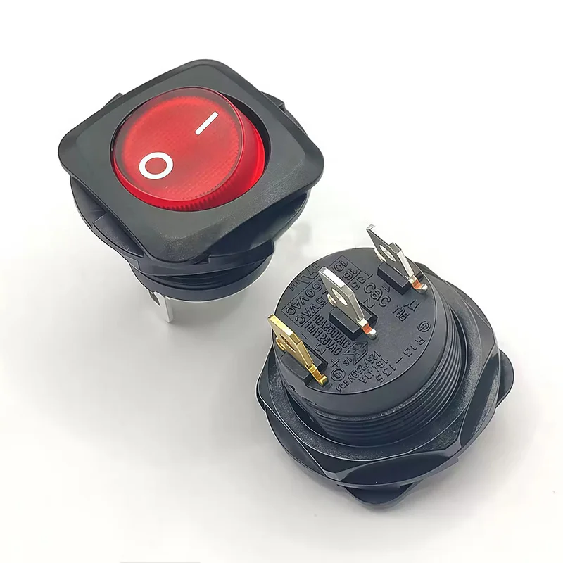 R13-135BR ship type rocker switch 10A 250V power switch round three-prong red light hole 20mm