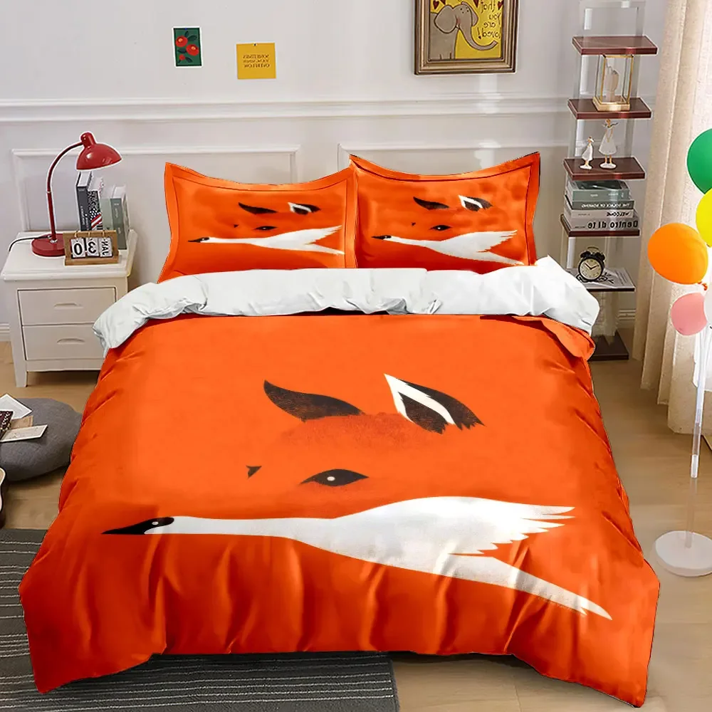 

3Pcs Fox and Swan Bedding Set, Hidden Fox in Orange Print Duvet Cover + 2 Pillowcases, Minimalist bedroom Decor