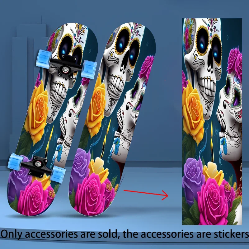 

Skull Rose 2D Flat Sticker - Removable plastic shading pattern for skateboards and scooters, dark gothic style design, multi-col