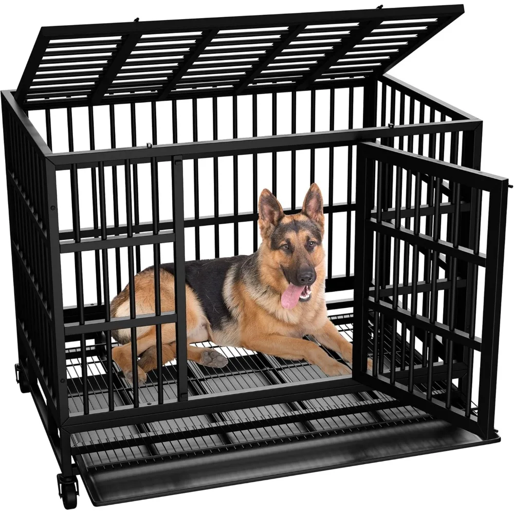 

48/38 "Heavy Duty Indestructible Dog Cage Double Door Escape Cage Kennel, Reinforced Metal Pet Cage, Oversized XL XXL Dog Cage