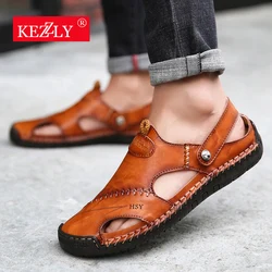 Sandálias masculinas clássicas de couro genuíno, sandálias de praia masculinas confortáveis para verão, chinelos de praia ao ar livre, sandálias slip-on para homens