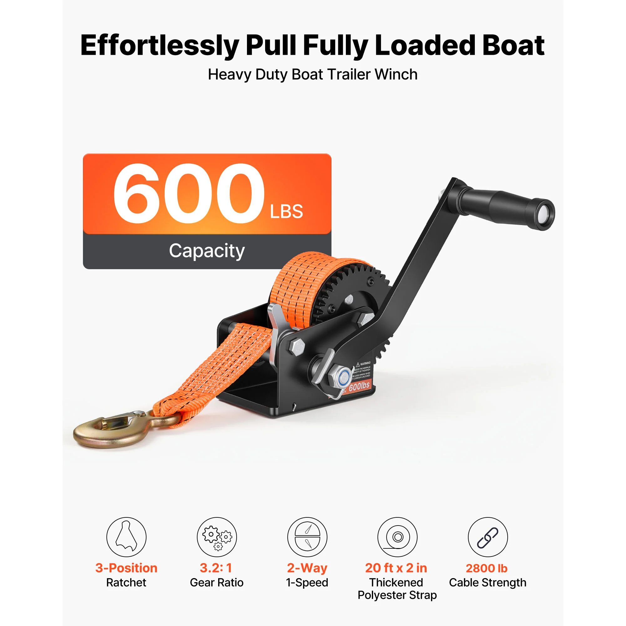 SucceBuy 600lbs/3500lbs Boat Hand Winch Manual Rope Crank with 20ft Polyester Strap & Anti-Slip Handle Gear for Trailer Towing