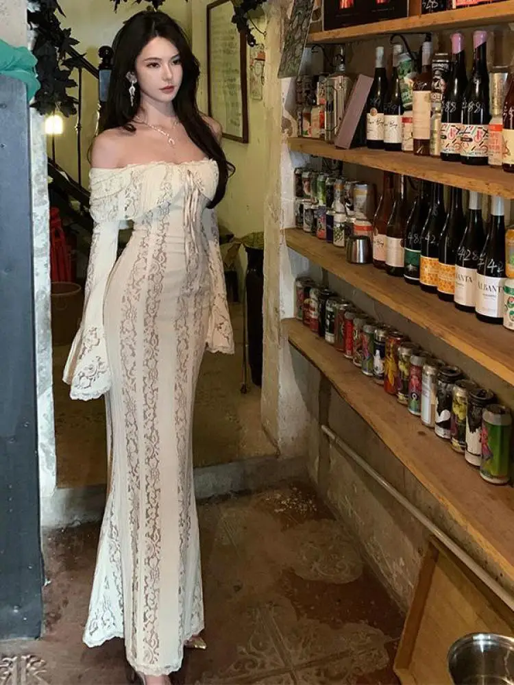 

French Vintage 2025 Spring White Lace Off Shoulder Elegant Birthday Party Evening Dress Women Long Sleeved Slim Fishtail Dresses