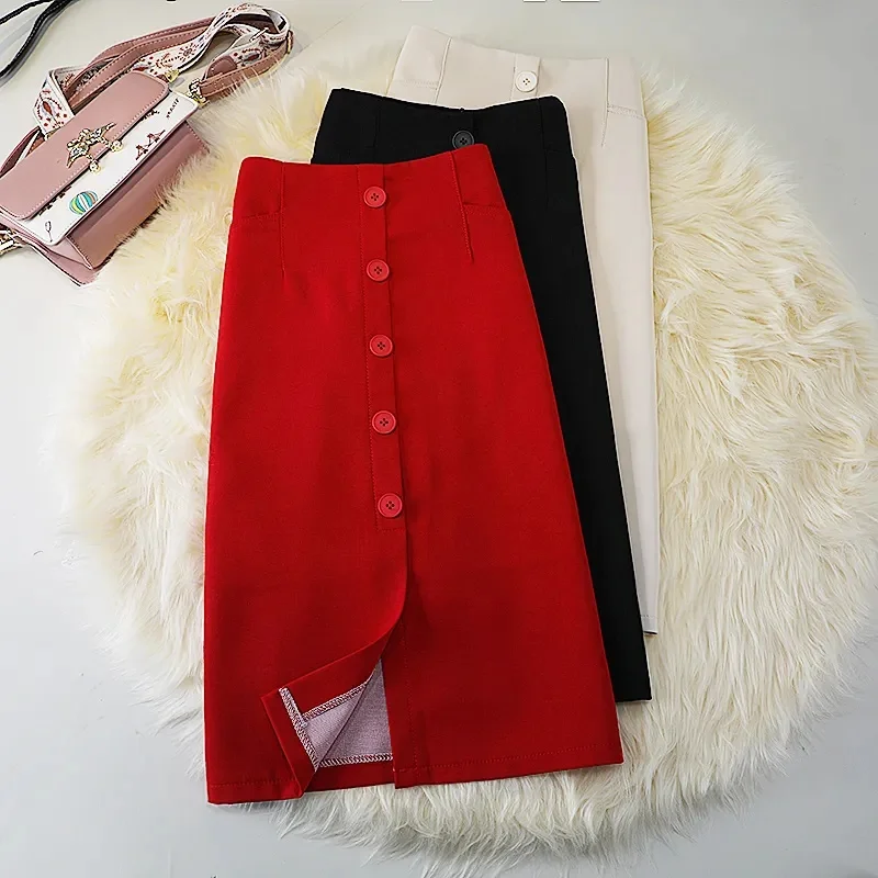 

Women Elegant Cotton Skirts 2026 Fashion Autumn High Waist Casual Button A-line Midi Skirts Solid Temperament Faldas