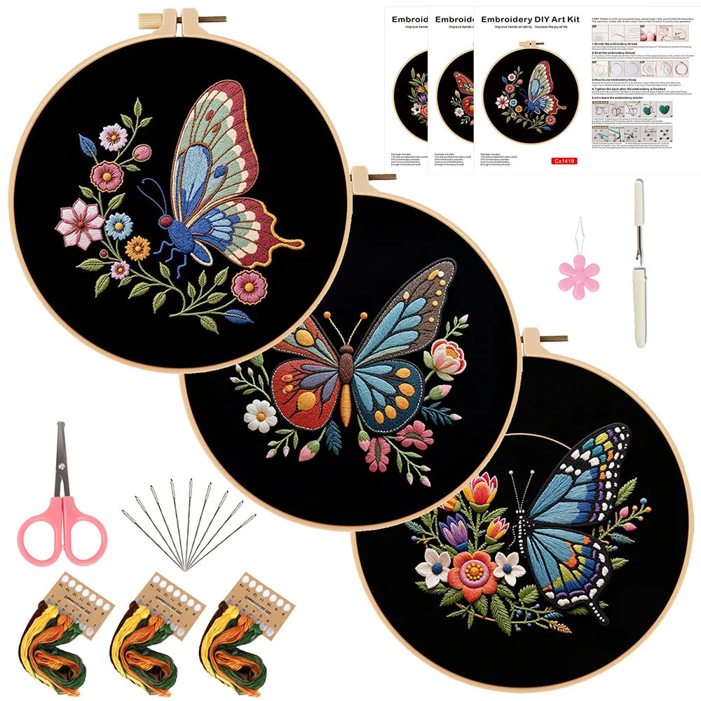 

3pcs DIY Embroidery Starter Kit Pre-printed Cross Stitch Set Butterfly Pattern Needlework Threads Craft Home Decoration Gift