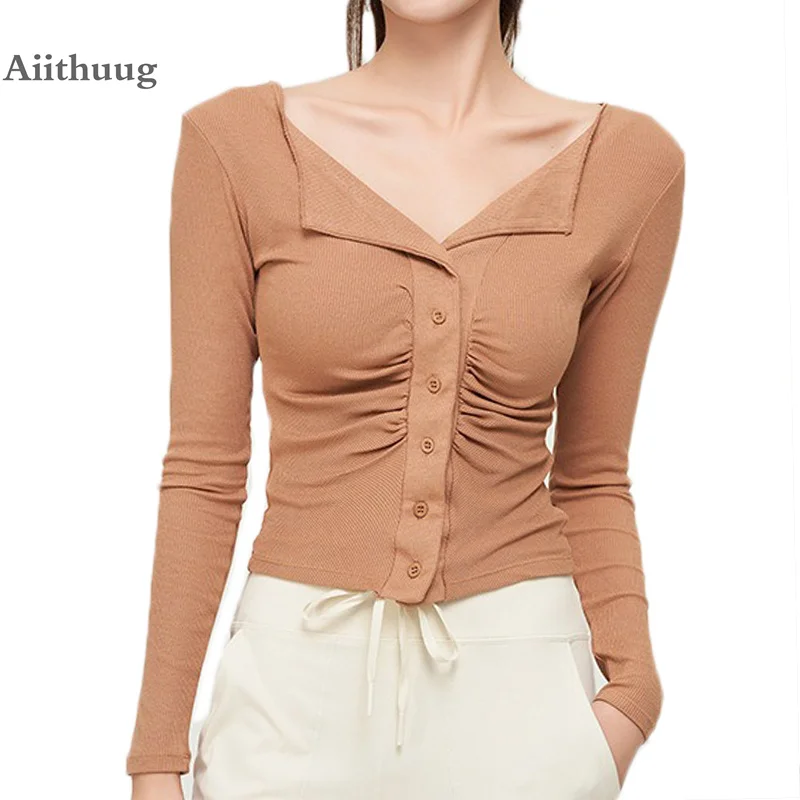 

Aiithuug Ribbed Yoga Long Sleeve Button Wrinkle Gym Shirts Lapel Elegant Neck Pilates Workout Soft Shirt Fitness Sports Tops