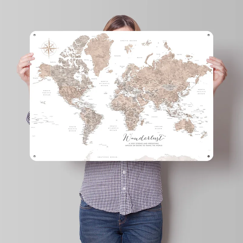 Wanderlust World Map Poster Retro 3D Printed Metal Signs Customized Wall Hanging Gift for Bedroom Decorations Room Decor Home