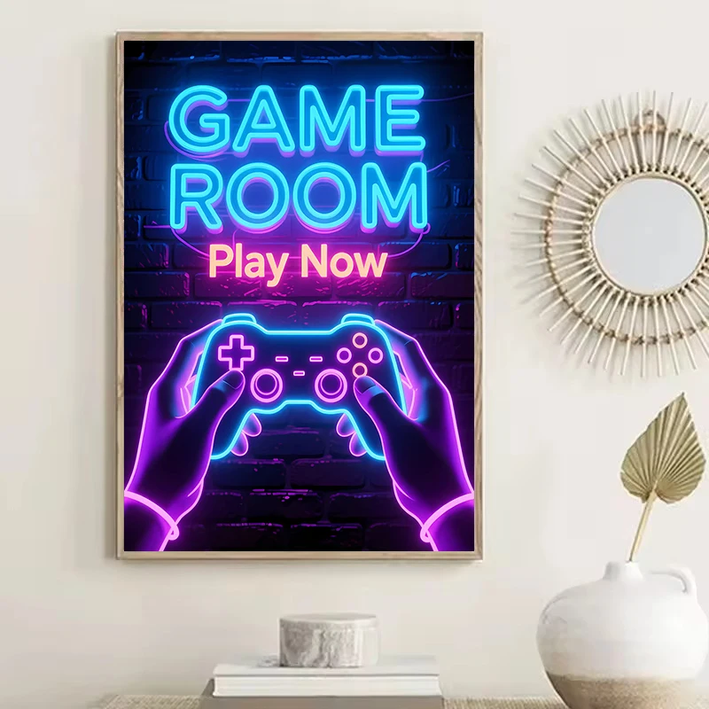 1pc frameless Canvas Painting Eat Sleep Game Repeat Gaming Gamepad Game Zone Neon Sign Poster Printed Canvas Painting Wall Art P