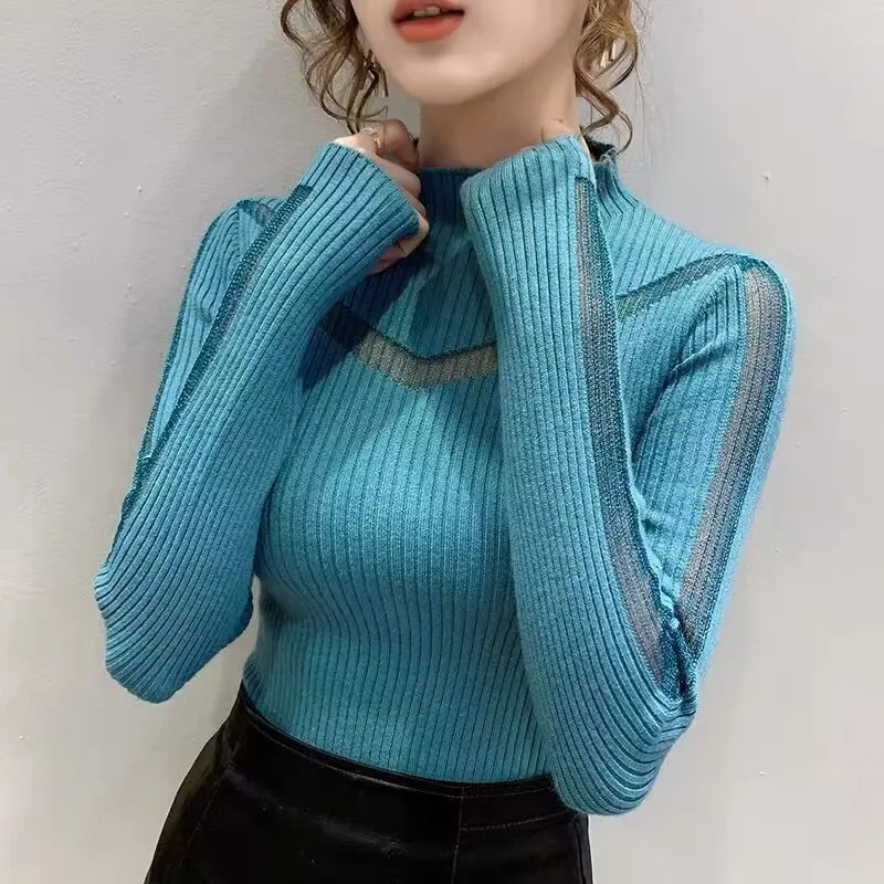 New Sexy V Mesh Splicing Knitted Sweater Autumn Winter Elasticity Slim Turtleneck Sweater Long Sleeve Office Lady Elegant Shirt