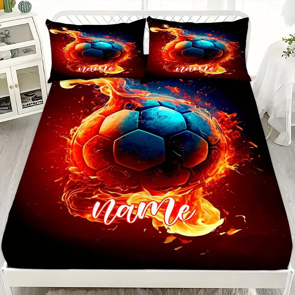 Customize (Customized) Sheet Set - 3pcs Set with Fiery Football Prints And Customizable Name Mattress Protector (1 Fitted Sheet