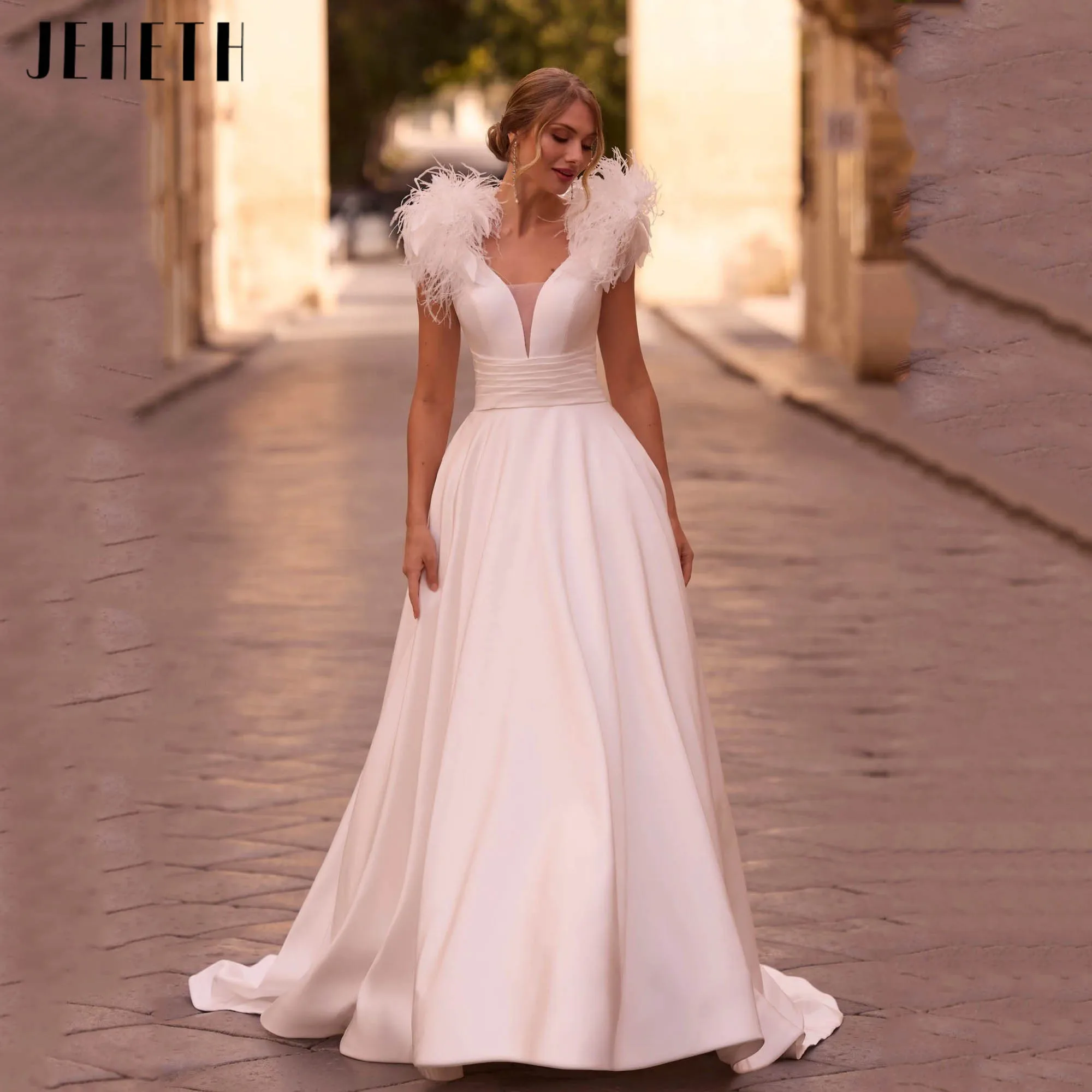 JEHETH Minimalism Satin Wedding Dress Deep V-neck V-back Sleeveless Bride Gown A-line Simple Feather vestido de novia Customized