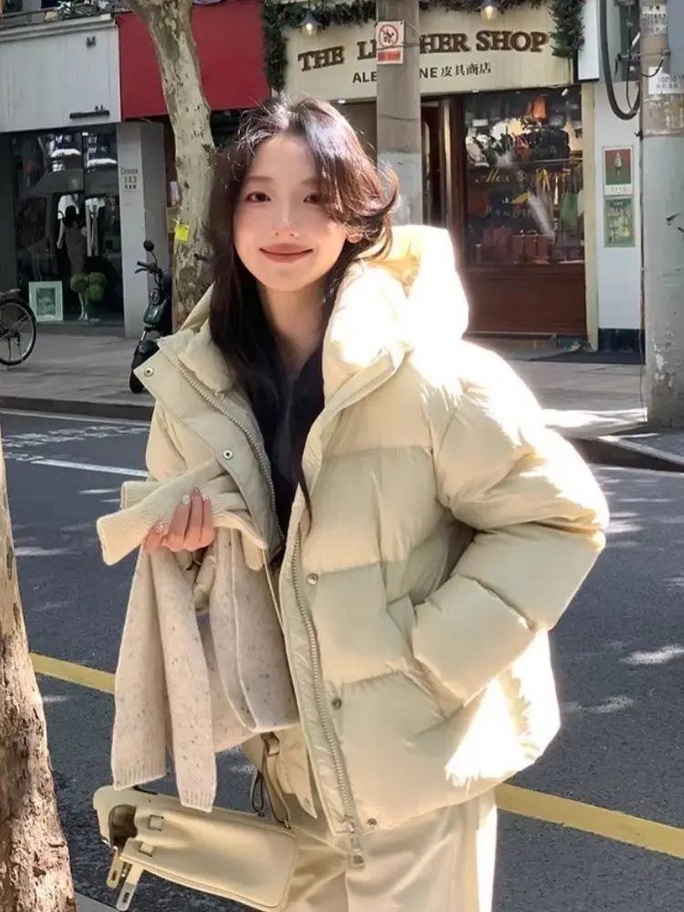 2026 Korean Fashion Women Faux Fur Collar Down Jacket Winter Warm Windproof Loose Puffer Parka Y2K Vintage Casual Outerwear Coat