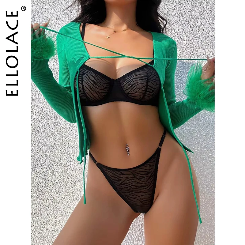 

Ellolace Zebra Lingerie French Underwear Translucent Sexy Intimate Brief Set Seamless Matching Outfits Romantic Fancy Bra Thongs