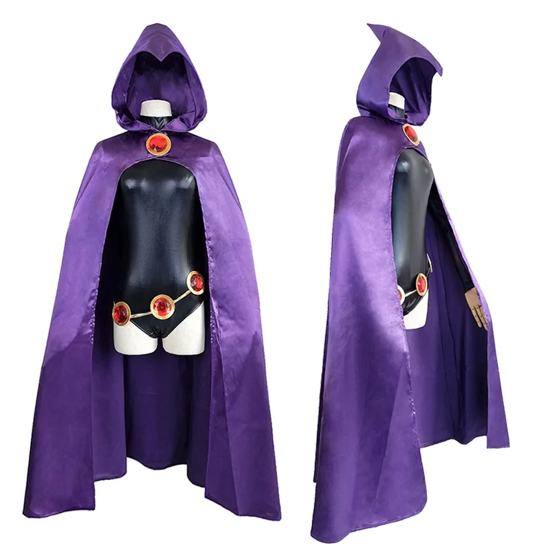 Teen Titans Raven Cosplay Costume Superhero Cloak Jumpsuits Zentai Halloween Tight clothes + Cape + waist jewelry chain