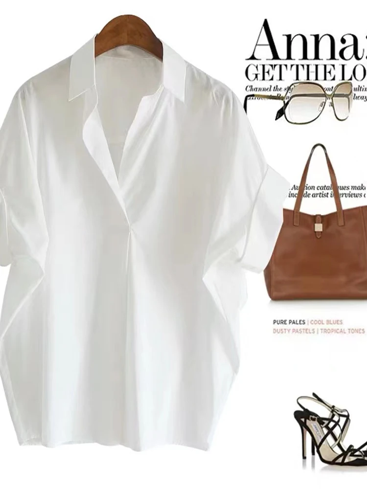 

White Cotton Loose Women's irt Summer V-ne Collar Batwing Sve Basic Matchable High-end Japanese Sle Top