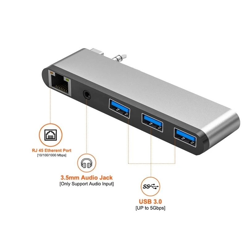 Intelligent Type-C Docking Station Hub 5 in 1 USB Aluminum USB C Adapter 5 Port Use Simultaneously for Computer Best Sale