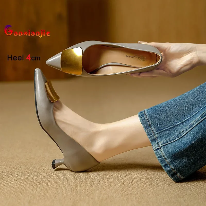 

Fashion Medium Heel Women Pumps French Style Metallic Buckle Pointed Toe Shallow Mouth Single Shoes Lady High Heels Party Shoes