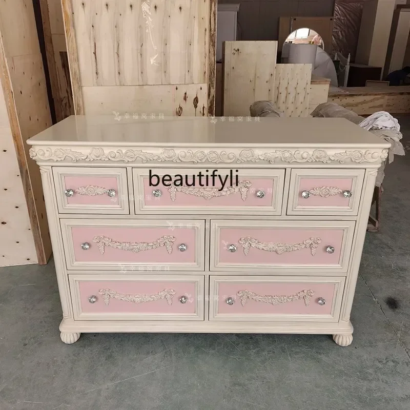 

pg45French solid wood carving flower retro chest European storage locker pink dressing decorative cabinet