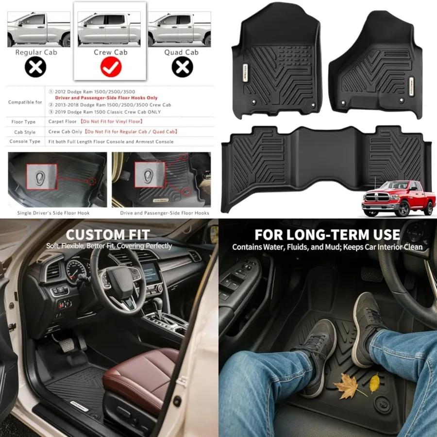 

Floor Mats Fit for 2013-2018 Dodge Ram 1500/2500/3500 Crew Cab, 2019-2024 Ram 1500 Classic Crew Cab 1st & 2nd Row All Weather Heavy Duty Floor Liners Black