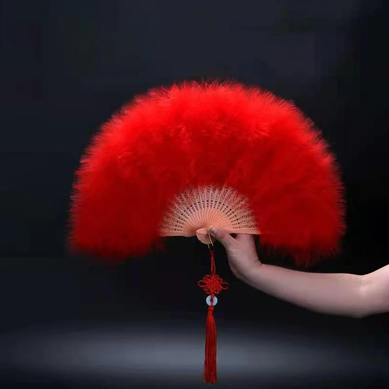 Chinese Style Fluffy Feather Folding Fans for Women Girls Wedding Party Decorations Feathers Hand Fans Prom Clothing Accessories