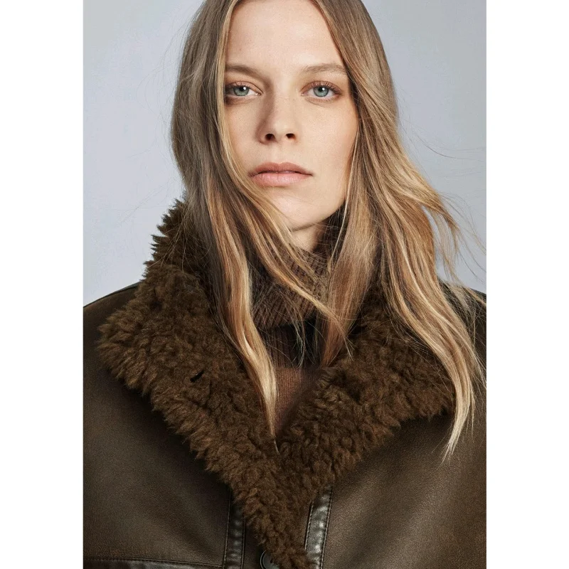 Zimowa Nowa Damska Długa Kurtka z Wysokim Kołnierzem Dwustronna Kurtka Pilotka Odzież Wierzchnia Włókno Poliestrowe 100% Zapinana na Guziki